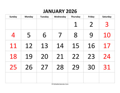 january 2026 calendar editable