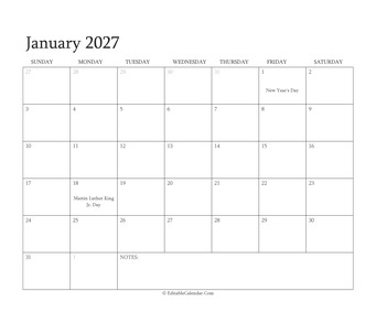 january 2027 editable calendar with holidays