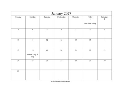 january 2027 printable calendar holidays