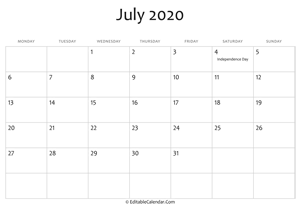 july 2020 printable calendar with holidays