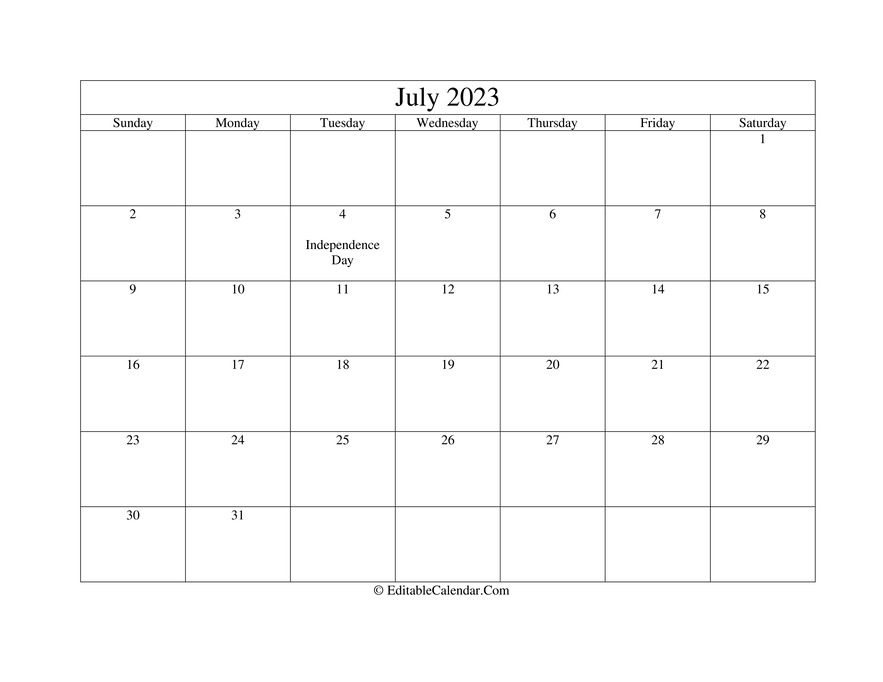 July 2023 Printable Calendar with Holidays