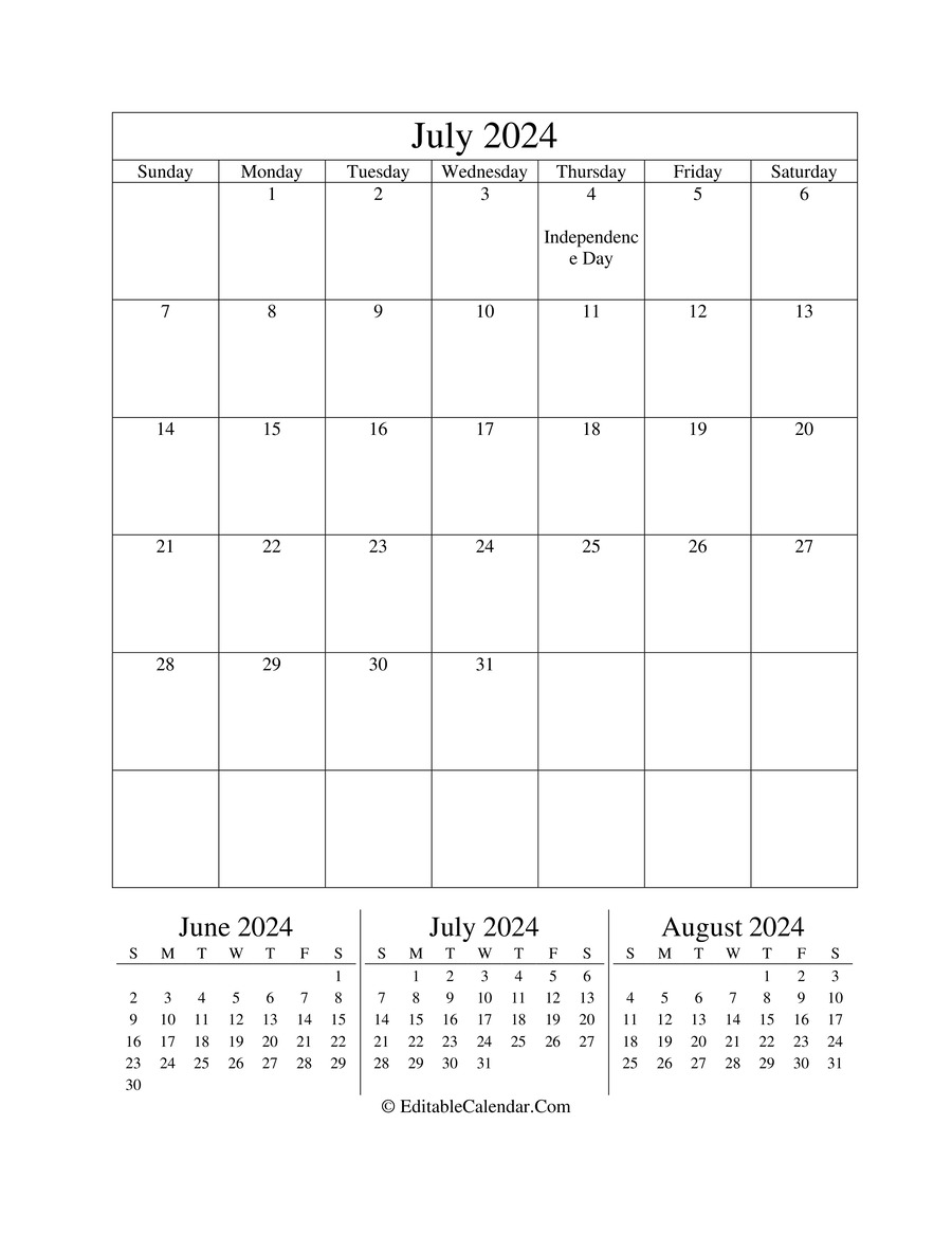 july 2024 editable calendar portrait