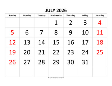 july 2026 calendar editable