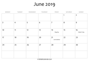 june 2019 printable calendar holidays