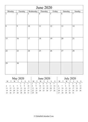 june 2020 editable calendar portrait