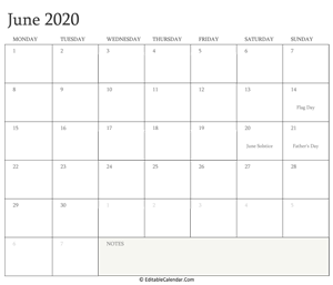 june 2020 editable calendar with holidays