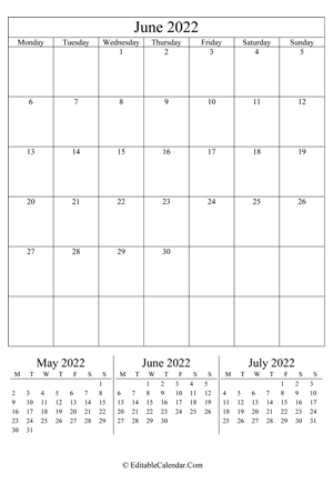 june 2022 editable calendar portrait