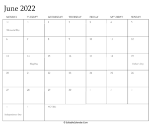 june 2022 editable calendar with holidays