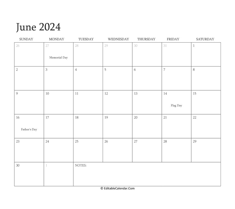 June 2024 Editable Calendar with Holidays