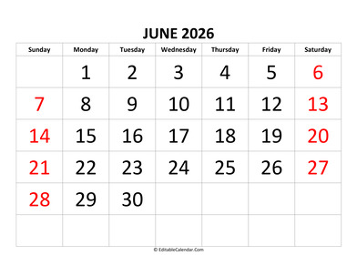 june 2026 calendar editable