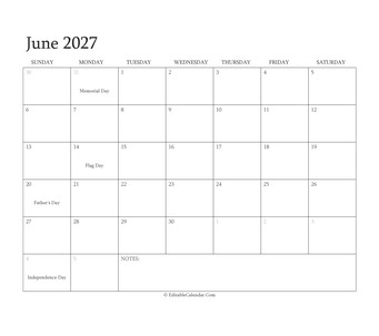 june 2027 editable calendar with holidays