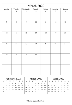 march 2022 editable calendar portrait