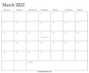 march 2022 editable calendar with holidays