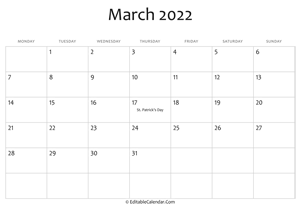 march 2022 printable calendar holidays