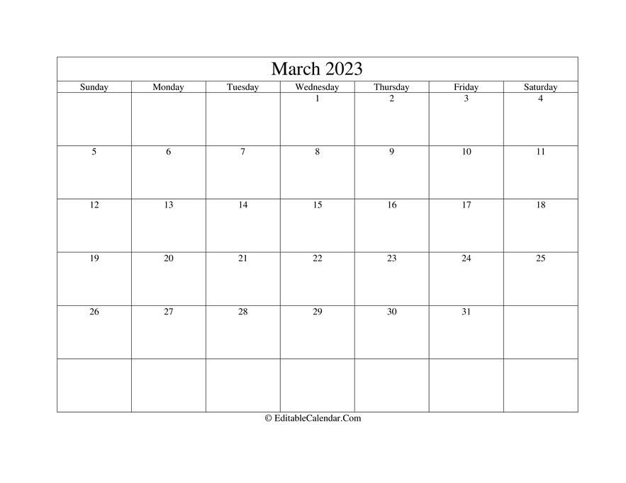 Editable Calendar March 2023