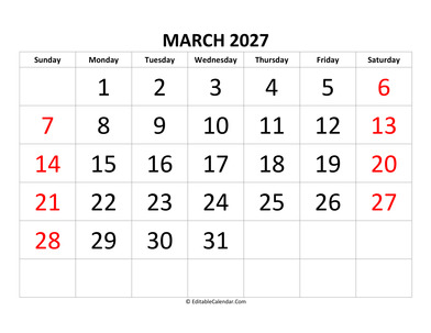 march 2027 calendar editable
