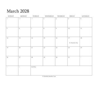 march 2028 editable calendar with holidays