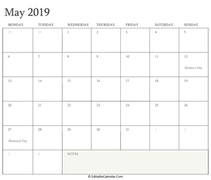 may 2019 editable calendar with holidays