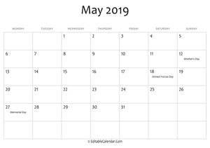may 2019 printable calendar holidays