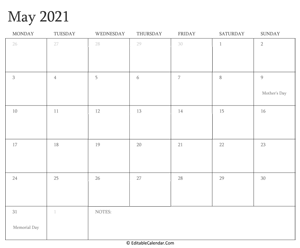 may 2021 editable calendar with holidays