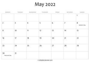 may 2022 printable calendar holidays