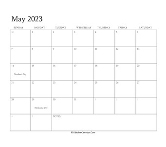may 2023 editable calendar with holidays