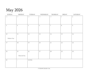 may 2026 editable calendar with holidays