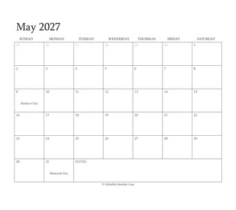 may 2027 editable calendar with holidays