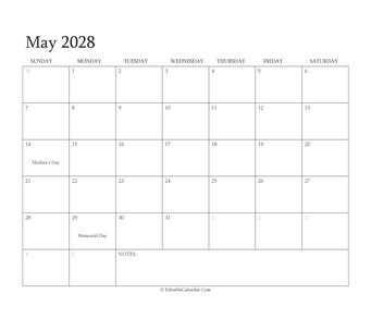may 2028 editable calendar with holidays