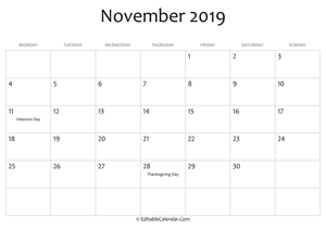 november 2019 printable calendar with holidays