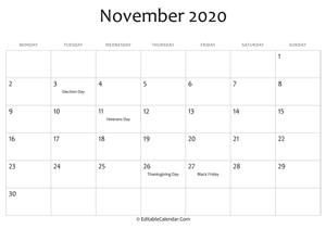 november 2020 printable calendar with holidays