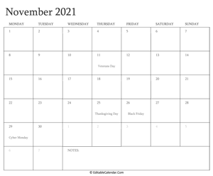 november 2021 editable calendar with holidays