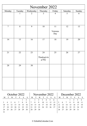 november 2022 editable calendar (portrait layout)