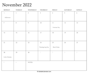 november 2022 editable calendar with holidays