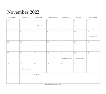 november 2023 editable calendar with holidays