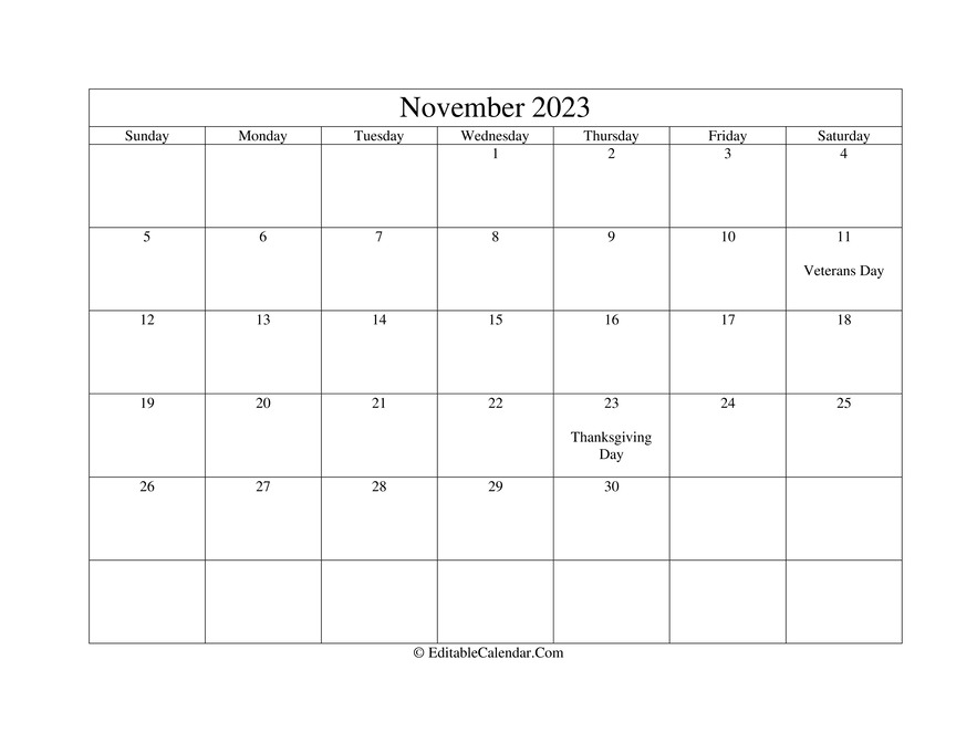 november 2023 printable calendar holidays