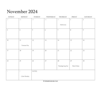 november 2024 editable calendar with holidays