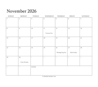 november 2026 editable calendar with holidays