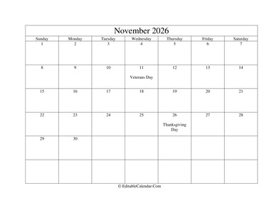 november 2026 printable calendar with holidays