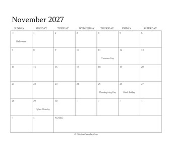 november 2027 editable calendar with holidays