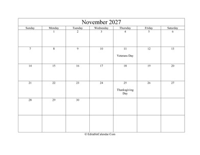 november 2027 printable calendar holidays