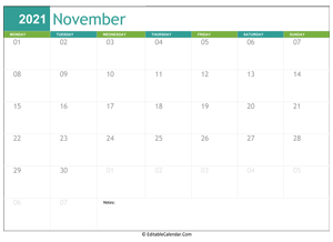 november calendar 2021 printable