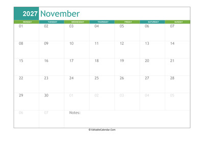 november calendar 2027 printable