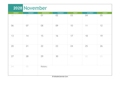 november calendar 2028 printable