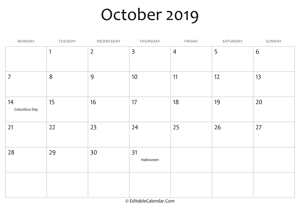 October 2019 Printable Calendar with Holidays