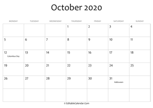 october 2020 printable calendar with holidays