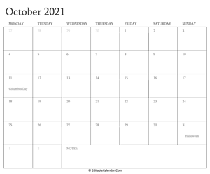 october 2021 editable calendar with holidays