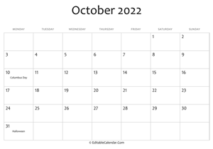 editable calendar october 2022