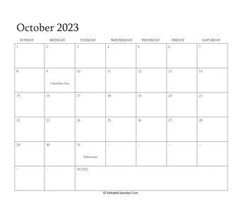 october 2023 editable calendar with holidays
