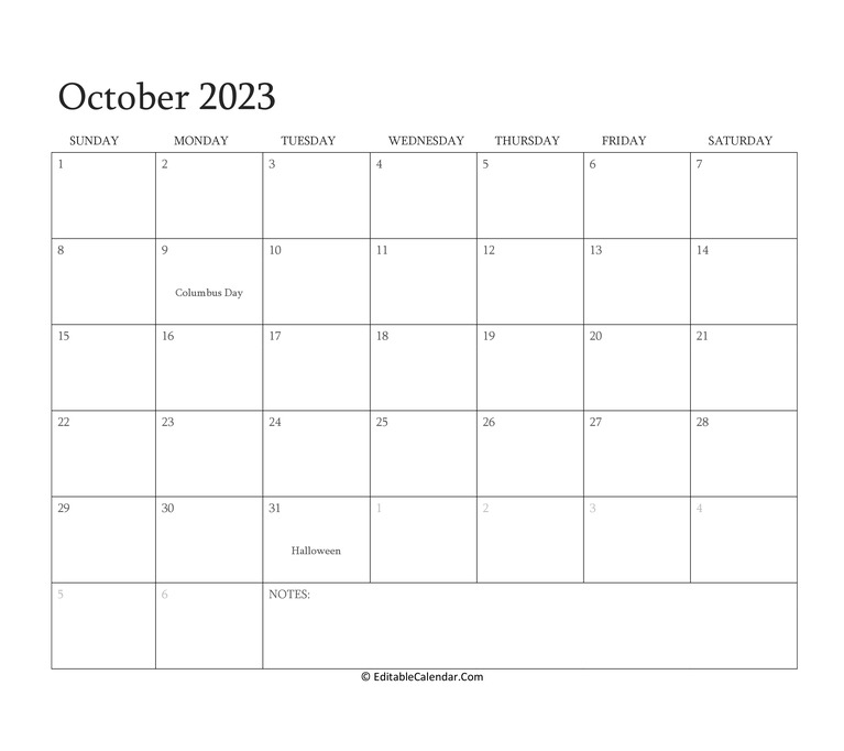 October 2023 Editable Calendar with Holidays